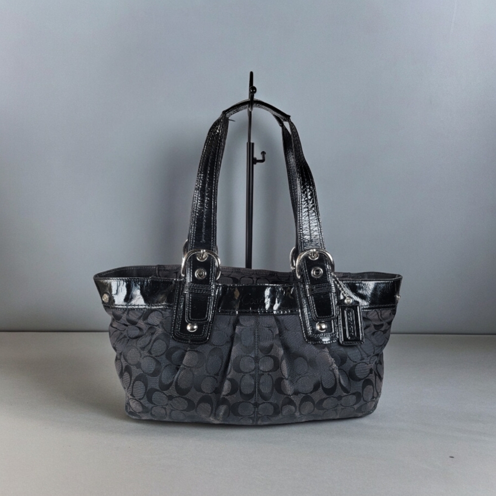 GUC -Coach Monogram Logo Shoulder Bag Black Jacquard Canvas Double Strap Handbag